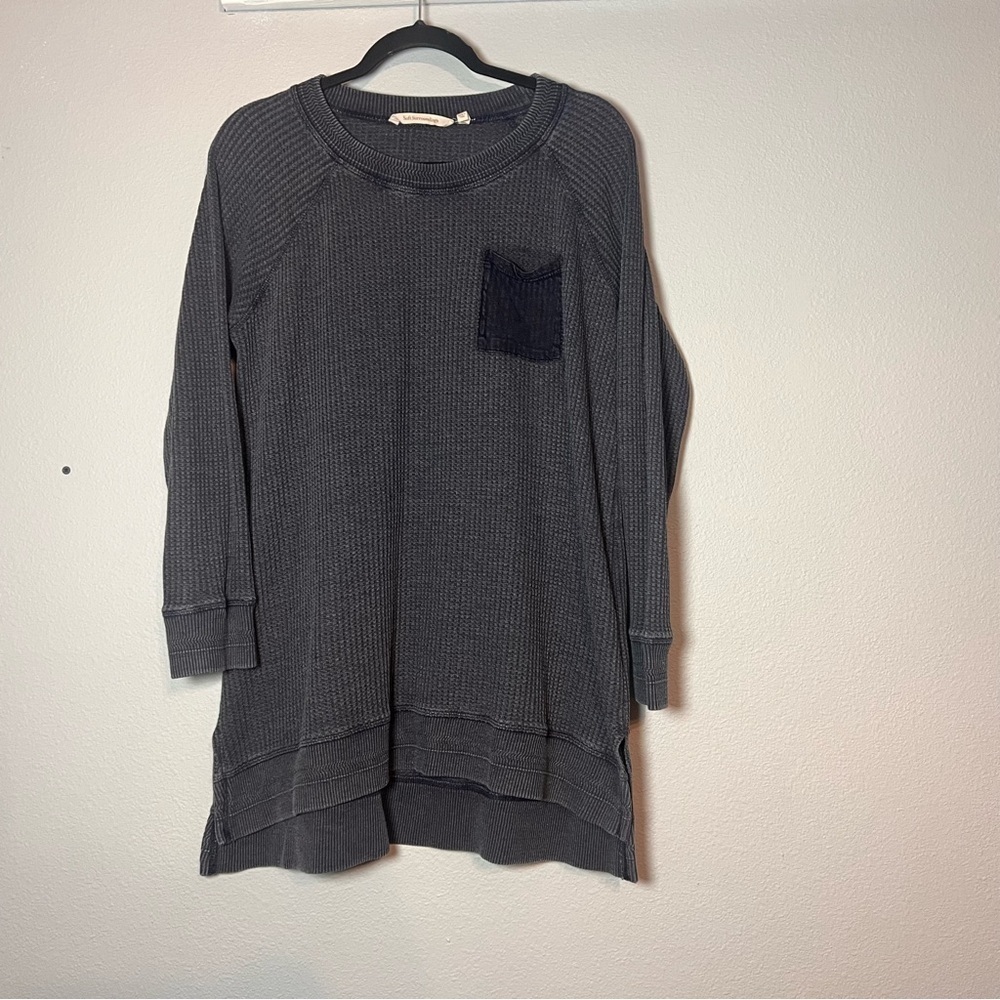 Soft Surrounding Waffle Knit Top Gray Blue Long Sleeve Size Large High Low